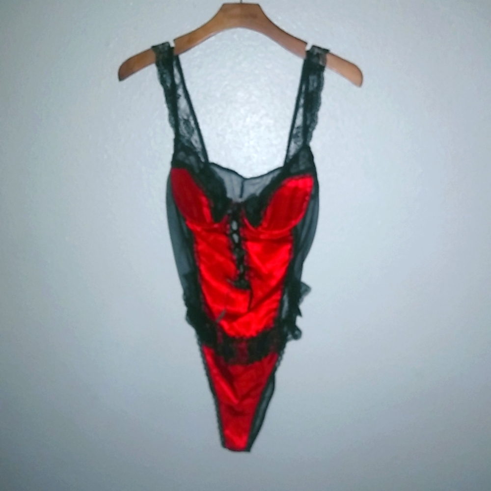 California Dynasty L Underwire Lace Trimmed Ribbon Lace Up Front Teddy Lingerie - Picture 1 of 10